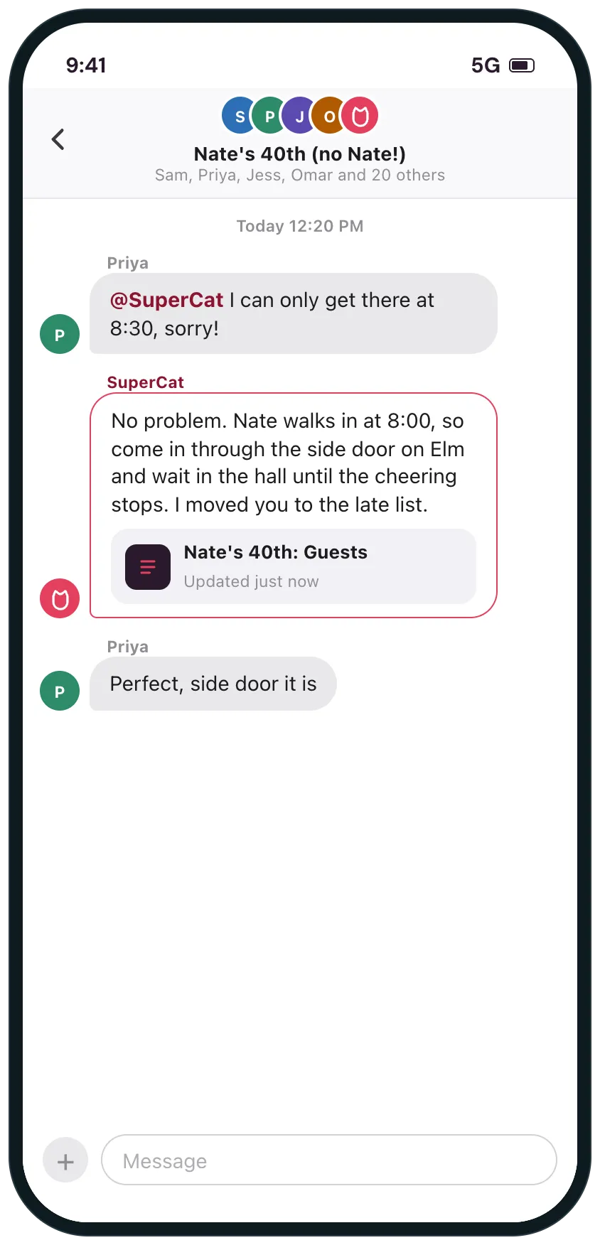 The surprise party group chat without the guest of honor: Priya tags SuperCat to say she will be late, and SuperCat gives her the side-door plan and links the updated guest list.