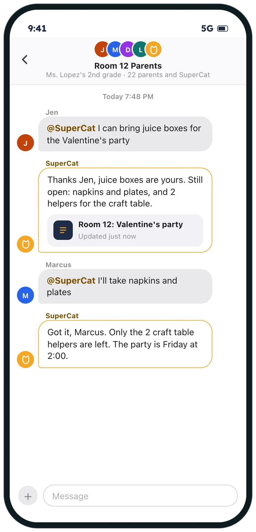 The class parents group chat: one parent tags SuperCat to bring juice boxes to the Valentine's party and another takes napkins and plates, and SuperCat says what is still open and links the party sign-ups.