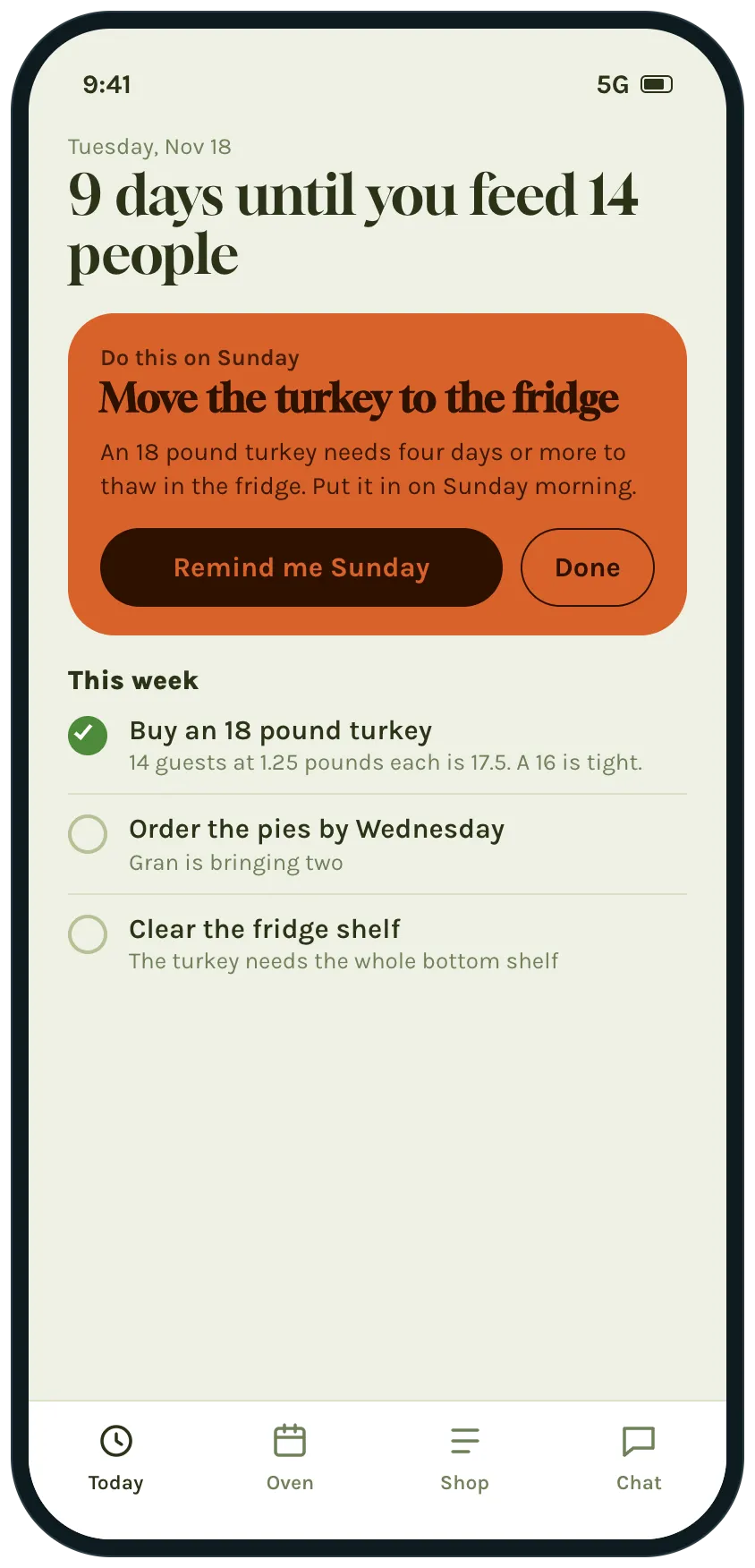 The home screen of a Thanksgiving plan: nine days to go and one thing to do on Sunday in an orange panel, move the 18 pound turkey to the fridge to thaw, with three jobs this week.