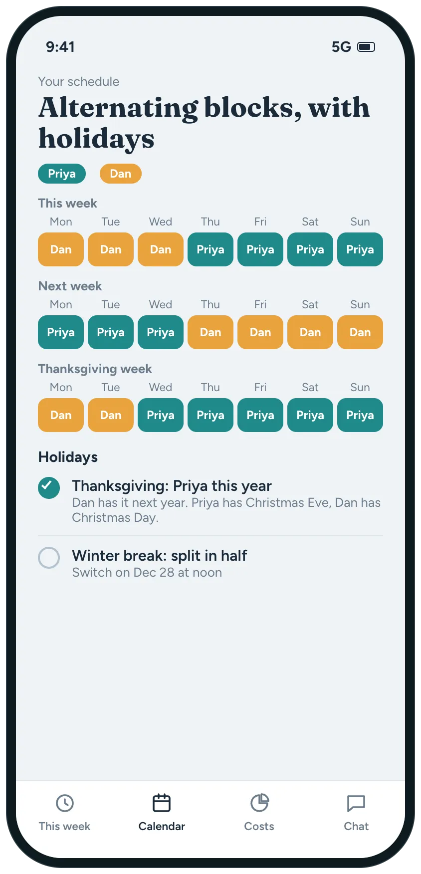 A calendar of alternating blocks for two homes, with each parent shown in their own color across three weeks, and a holiday list with Thanksgiving, Christmas and winter break.