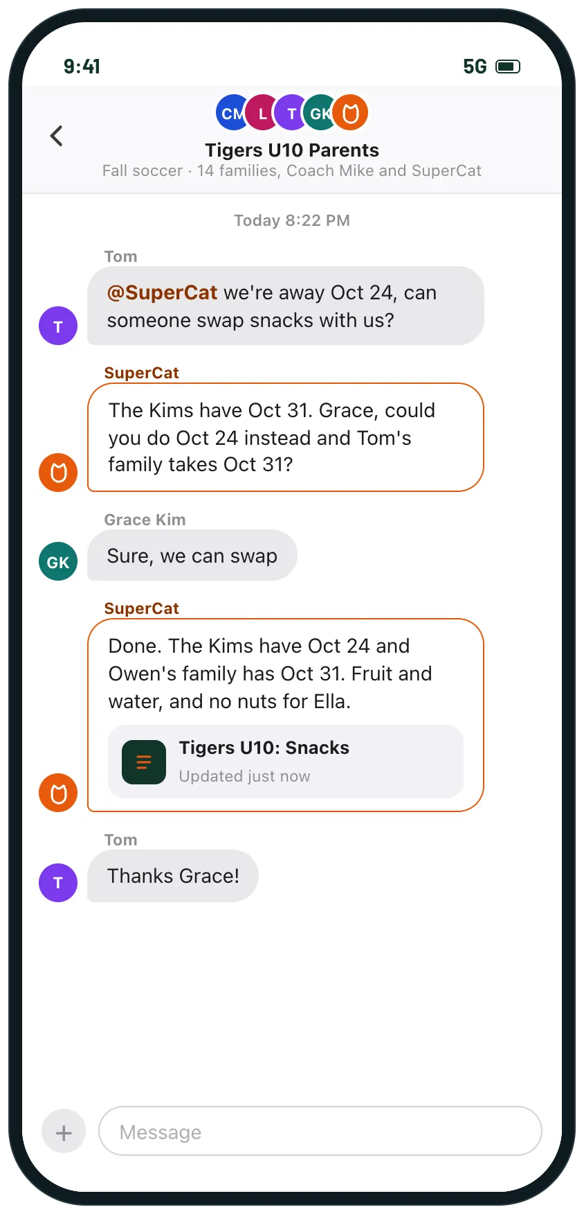 Later in the same chat, a dad asks SuperCat to swap his snack week, SuperCat asks the family with the next week, and they agree to swap.