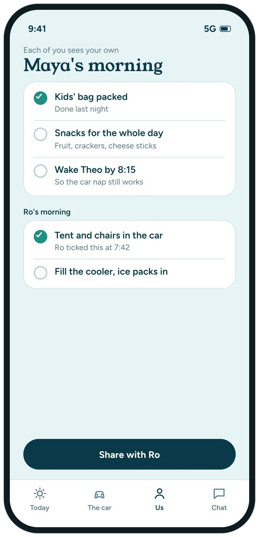 Two parents each with their own morning jobs on their own phone, with what is done and a button to share with the partner.