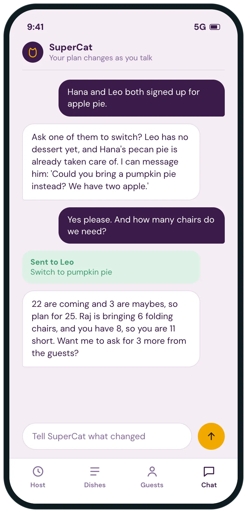 A chat where the host says two guests both signed up for apple pie, SuperCat suggests who switches and offers to message them, and works out how many chairs are needed.