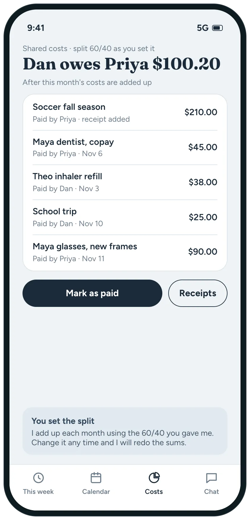 A shared costs screen split 60/40 as the parents agreed, listing soccer, dentist, an inhaler refill, a school trip and glasses, with the amount one parent owes the other.
