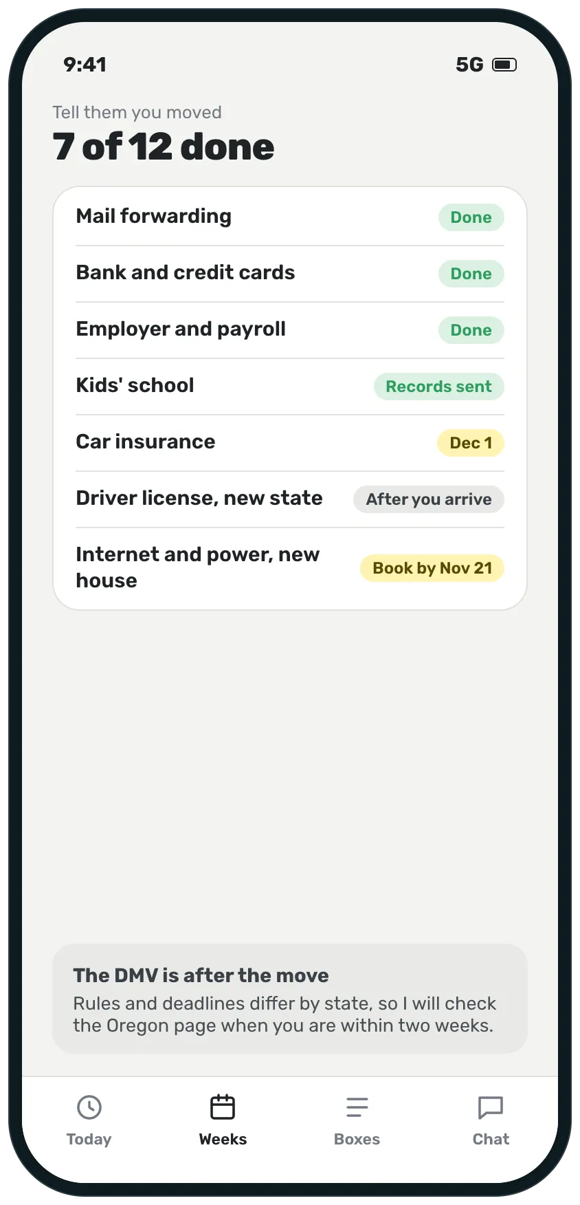 A who-to-tell list for the move, seven of twelve done, each with a status or due date, and a note that the driver license is after the move.