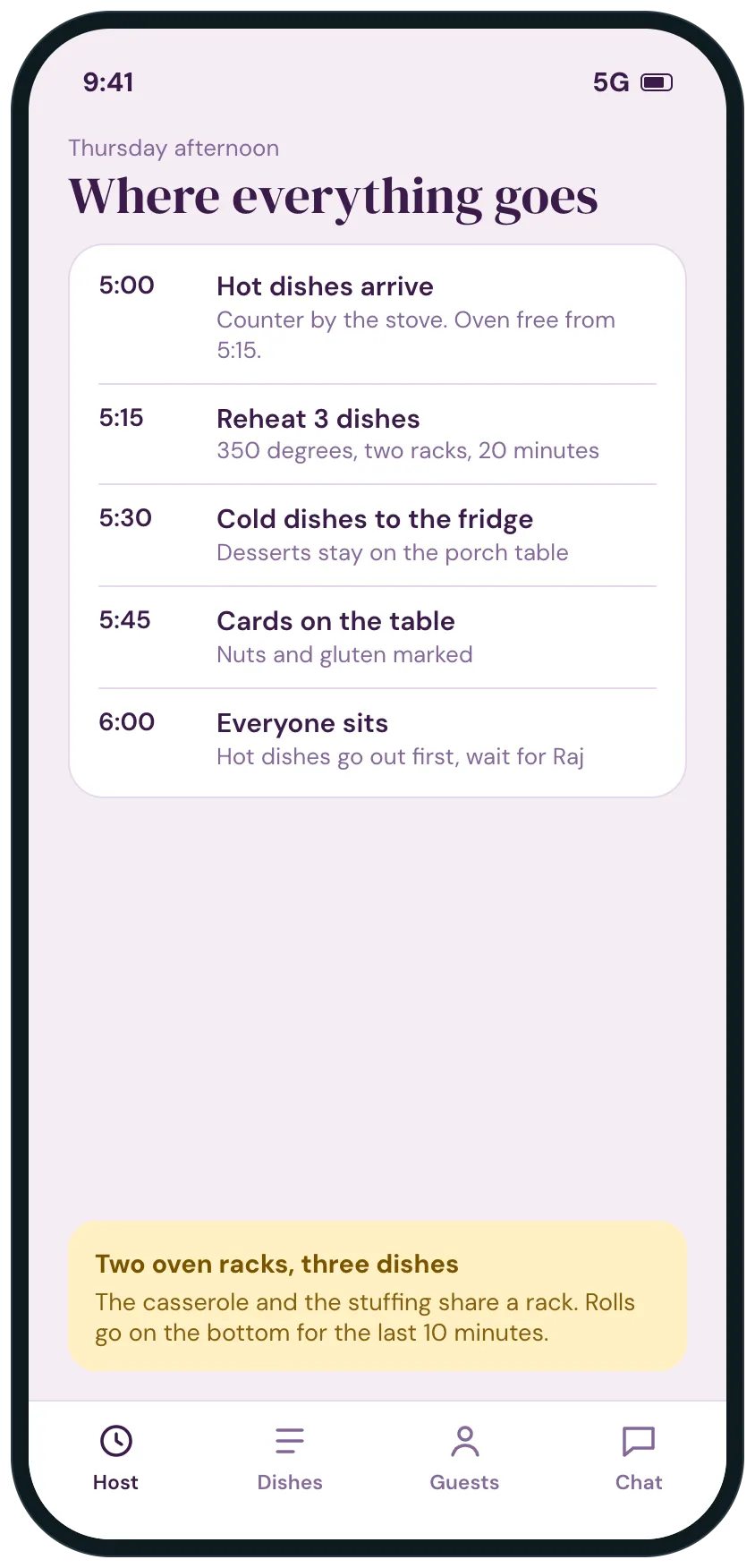 A day-of screen showing where each dish goes and the oven and fridge order from 5:00 to 6:00.