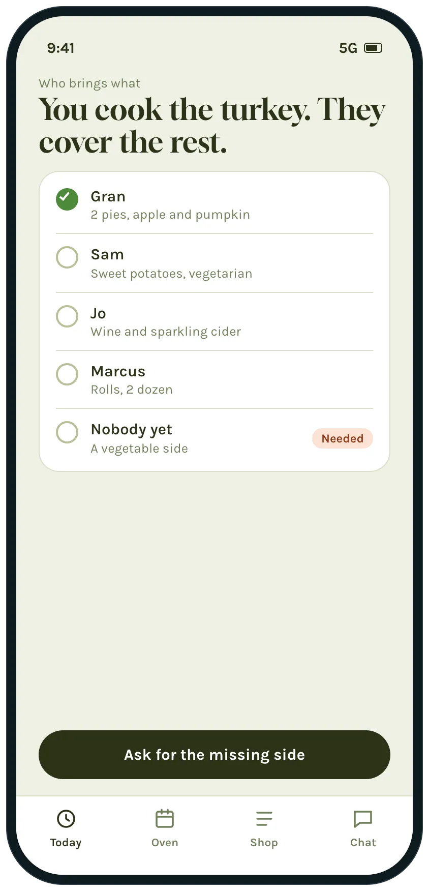A list of who brings what, with the pies and sweet potatoes claimed and a vegetable side still needed, and a button to ask for it.