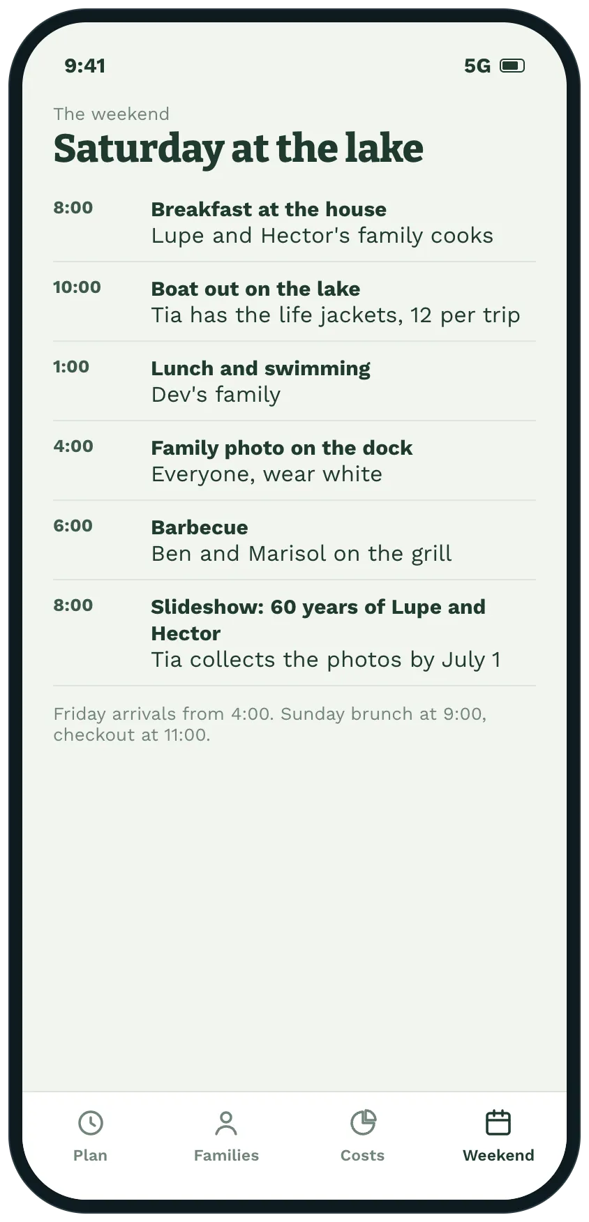 A Saturday schedule at the lake from breakfast to a slideshow, with which family is on for each part of the day.