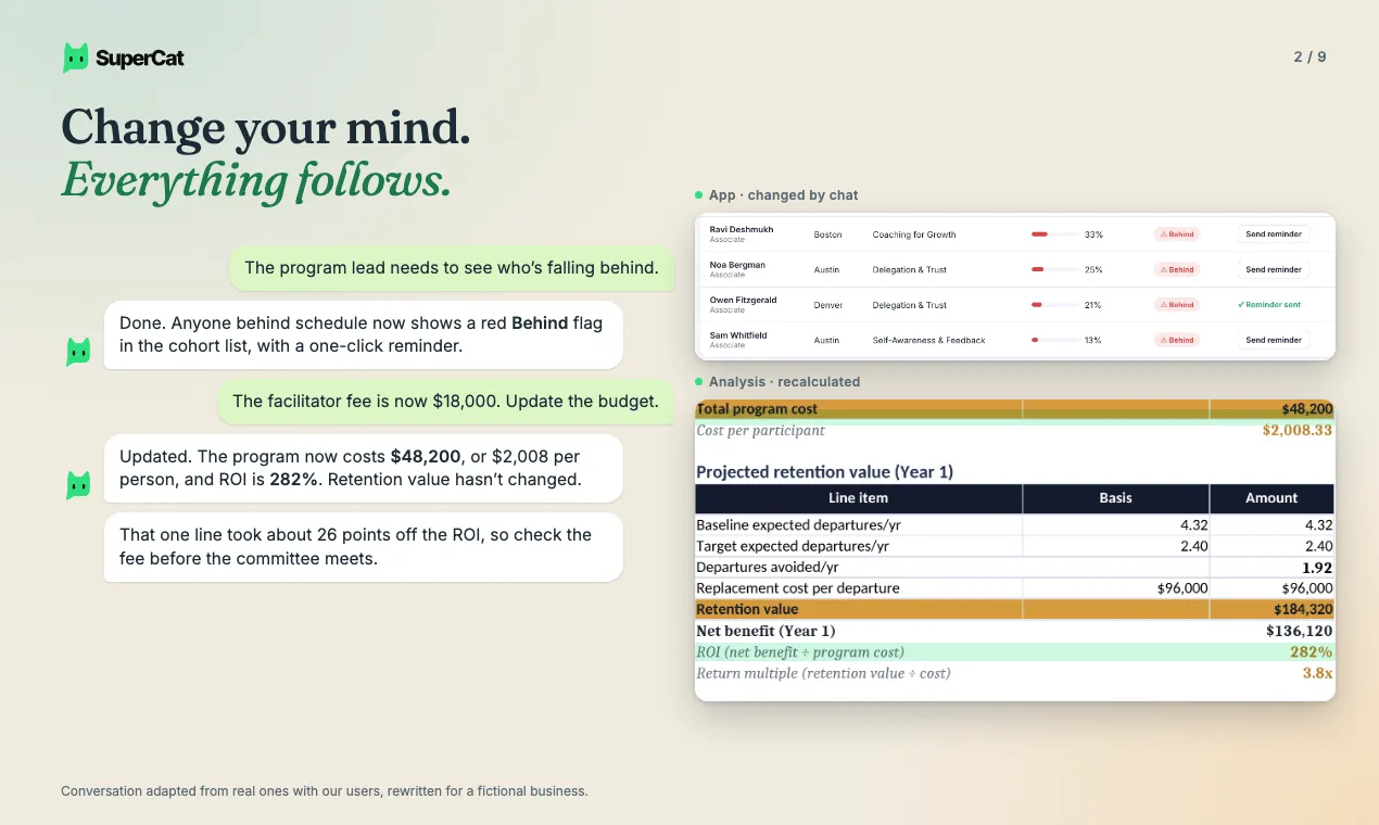 A chat changing a fee, with the budget sheet and the app updating to match