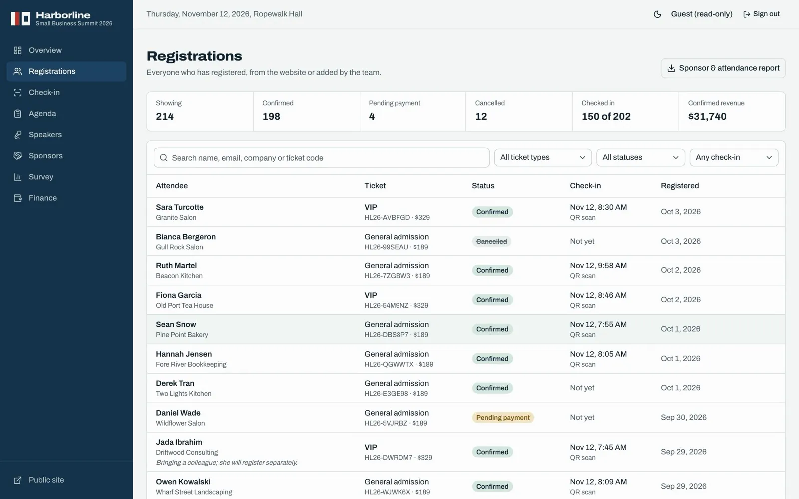 Organizer dashboard: one guest list from sign-up to check-in