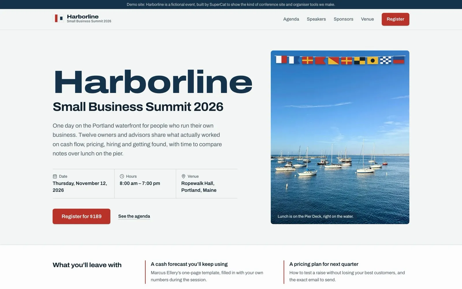 Registration site for a conference, built and hosted by SuperCat (fictional demo event)