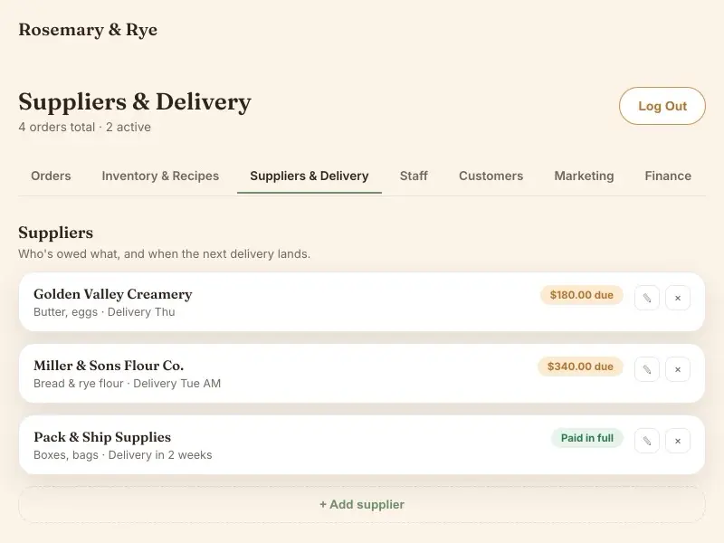 Suppliers & Delivery — Rosemary & Rye